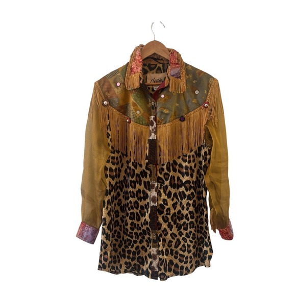 J. Wilde Tops - Vtg J. Wilde Silk Blend Leopard Top Jacket Womens M Western Fringe Boho Texas